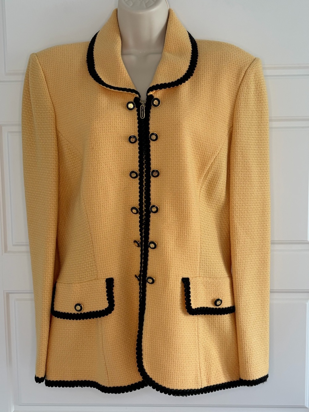 St. John by Marie Gray Mustard With Black Trim Knit Jacket Size 12 Vintage